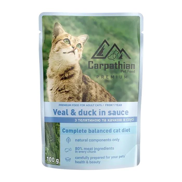 Вологий корм для кішок Carpathian Pet Food з телятиною і качкою в соусі 100 г (4820111141364)