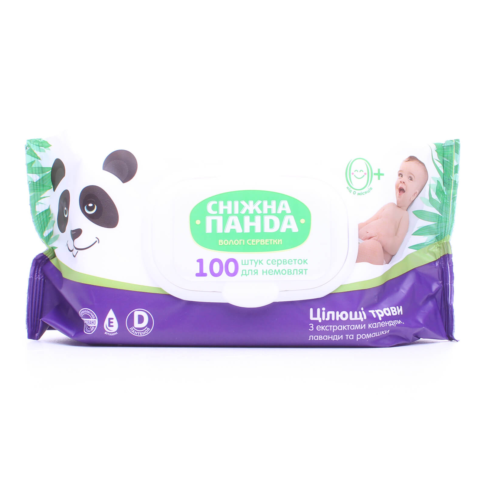 Дитячі вологі серветки Сніжна Панда для немовлят Цілющі трави, 100 шт. (4820183970459)