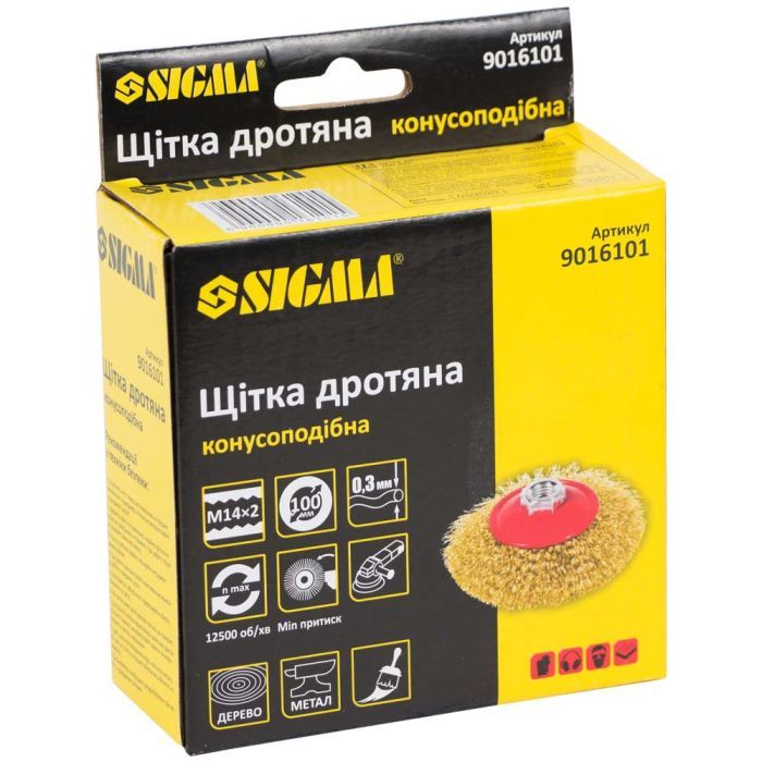 Щітка для електроінструменту Sigma дротяна конусоподібна 100мм М14x2мм латунированная 9016101 (9016101) зображення 2
