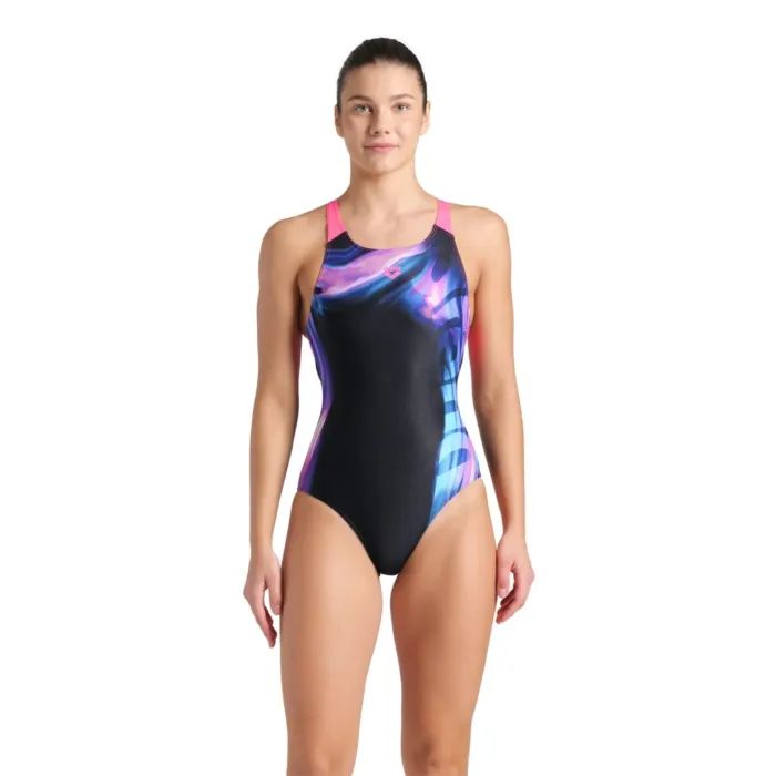 Купальник Arena Dreamhline Swimsuit V Back 008328-500 чорний, фіолетовий, бірюзовій 36 (3468337427940)