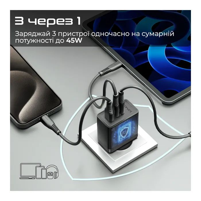 Зарядний пристрій Promate powerport-45 2xUSB-C PD + USB-A QC 45W Black (powerport-45.black) зображення 3