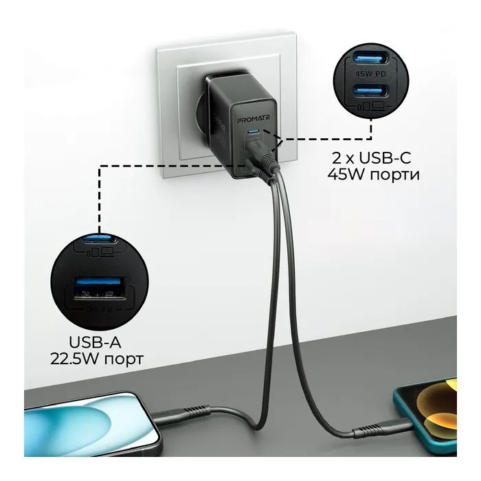 Зарядний пристрій Promate powerport-45 2xUSB-C PD + USB-A QC 45W Black (powerport-45.black) зображення 4