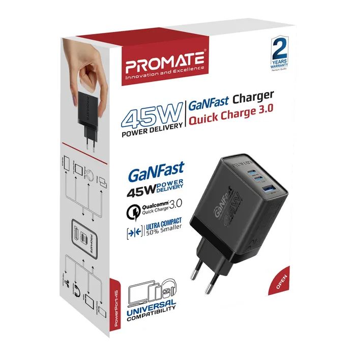 Зарядний пристрій Promate powerport-45 2xUSB-C PD + USB-A QC 45W Black (powerport-45.black) зображення 6