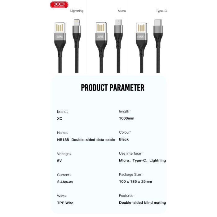 Дата кабель USB 2.0 AM to Lightning 1.0m 2.4A double-side grey XO (NB188-L-1-GR) изображение 4