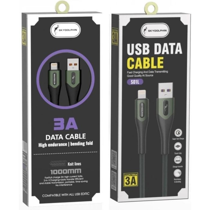 Дата кабель USB 2.0 AM to Lightning 1.0m 3A braided dark green SkyDolphin (USB-000580) изображение 3