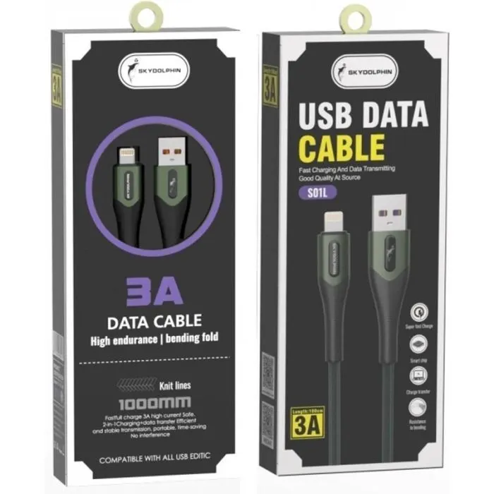 Дата кабель USB 2.0 AM to Lightning 1.0m 3A braided dark green SkyDolphin (USB-000580) изображение 3