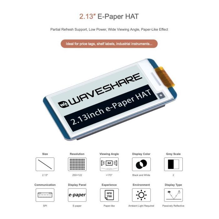 Екран для Мікро ПК Waveshare 2.13" E-Ink 250x122 for Raspberry Pi (WAV-12915) зображення 9