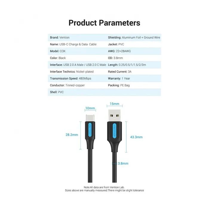 Дата кабель USB 2.0 AM to USB-C 1.5m 3A black Vention (COKBG) зображення 5