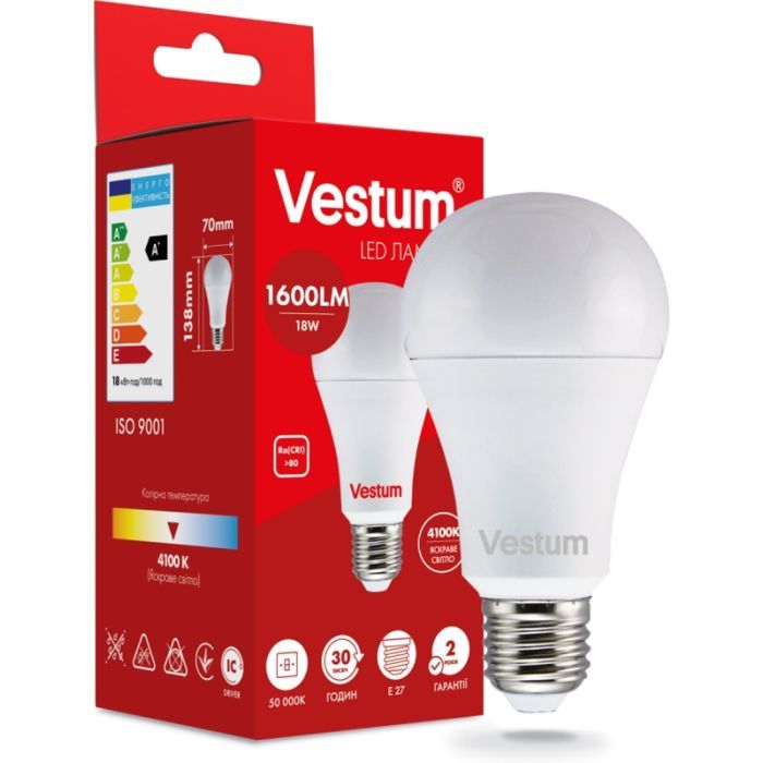 Лампочка Vestum A70 18W 4100K 220V E27 (1-VS-1111) зображення 2