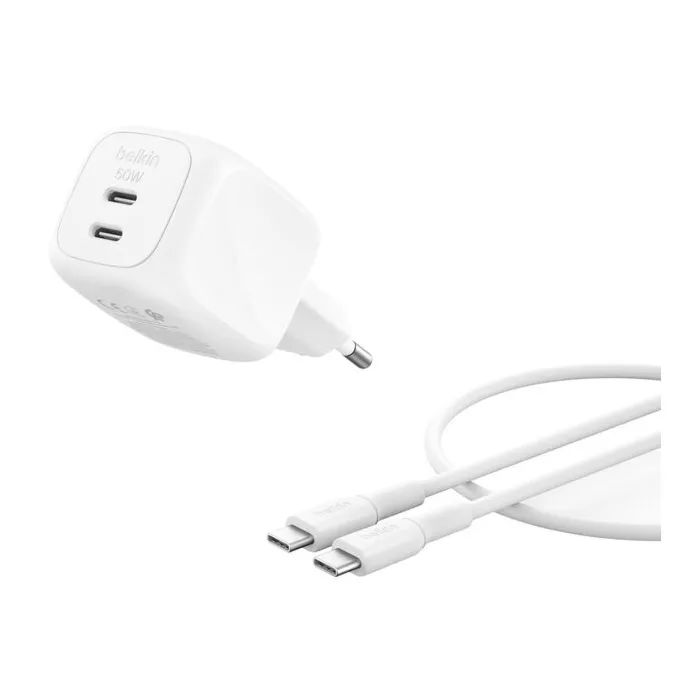 Зарядное устройство Belkin 2xUSB-C PD50W GaN PPS + cable USB-C to USB-C 1.0m white (WCH019KQ1MWH-B6)