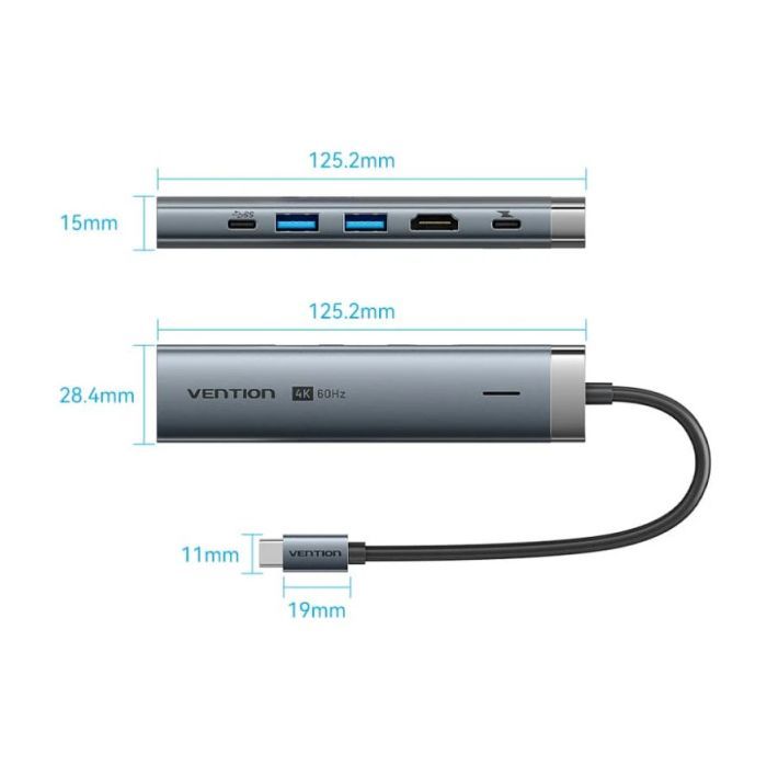 Концентратор VENTION USB-C 6-in-1 HDMI + 2xUSB 3.0 + RJ45 + PD 100W (TGNHB) зображення 2