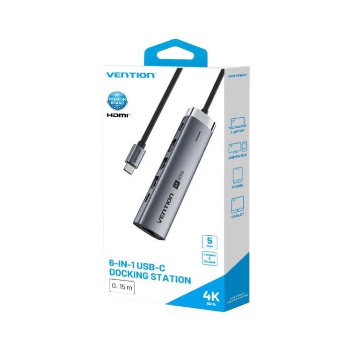 Концентратор VENTION USB-C 6-in-1 HDMI + 2xUSB 3.0 + RJ45 + PD 100W (TGNHB) зображення 3