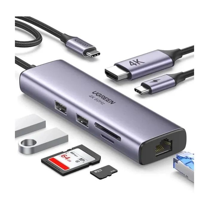 Концентратор Ugreen USB-C 6-in-1 2xUSB-A + 1xUSB-C PD100W + DisplayPort 4K60Hz + 1xRJ45 1000Mbps black (75643) зображення 4