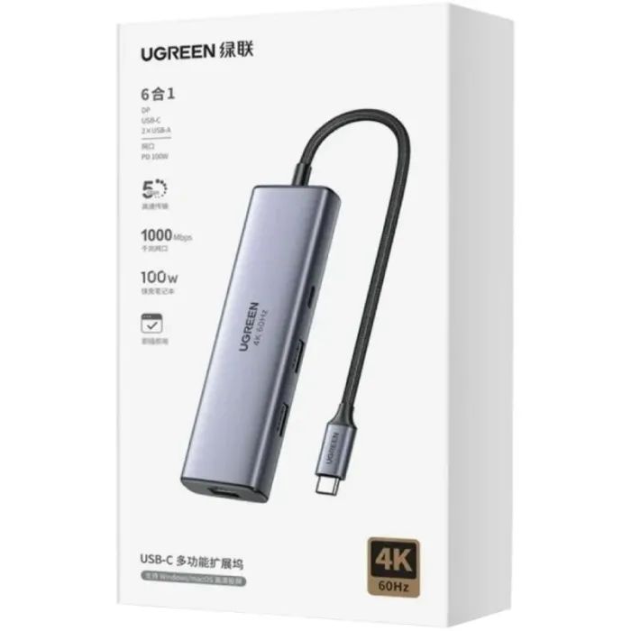 Концентратор Ugreen USB-C 6-in-1 2xUSB-A + 1xUSB-C PD100W + DisplayPort 4K60Hz + 1xRJ45 1000Mbps black (75643) зображення 6