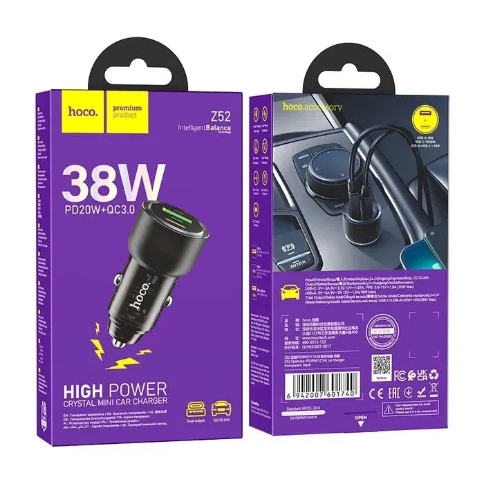 Зарядное устройство HOCO 1xUSB-C PD38W + 1xUSB car adapter transparent Z52 black (6942007601740) изображение 3