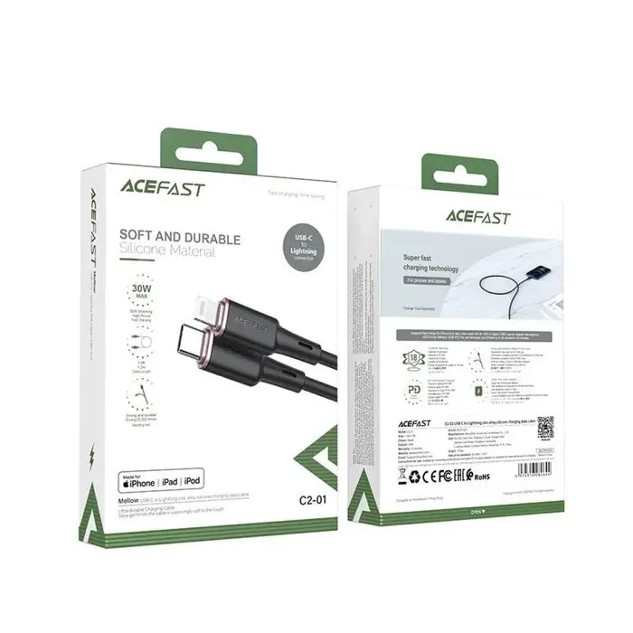 Дата кабель USB-C to Lightning 1.2m 3A 20W silicon black Acefast (6974316280644) зображення 3