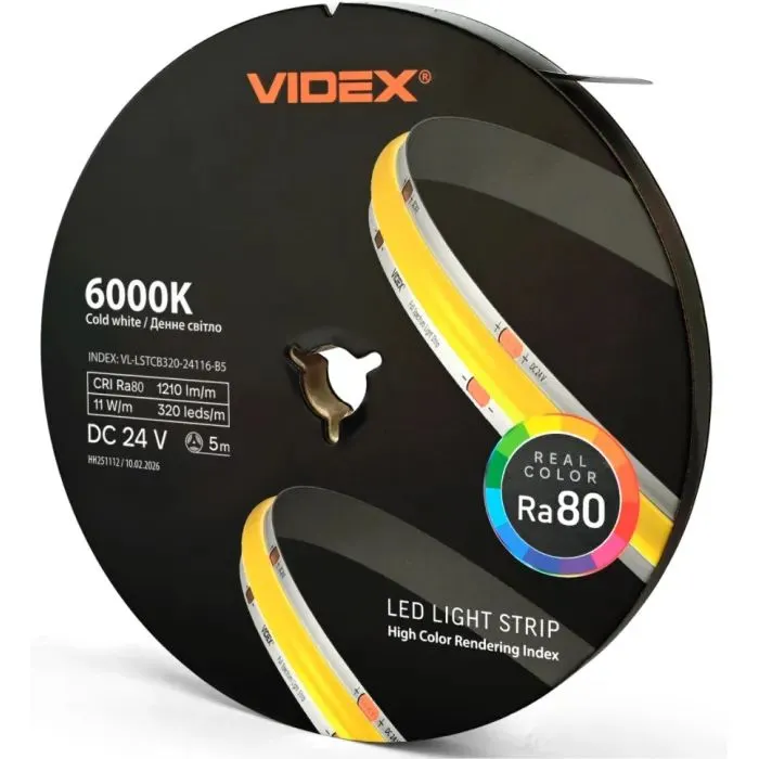 Світлодіодна стрічка Videx COB DC24V 55W 5M 6000K Ra80 IP20 5м (VL-LSTCB320-24116-B5)