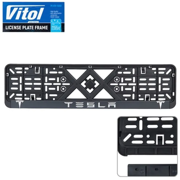 Рамка номерного знака Vitol з рельєфним написом TESLA (RN-VCH-15650-SR-TS-BN)