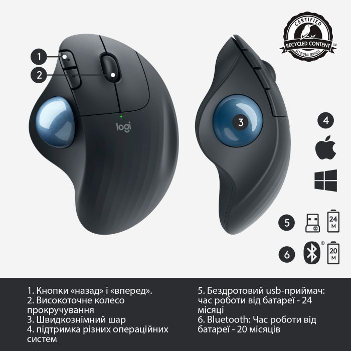 Мишка Logitech Ergo M575 Wireless Trackball Graphite (910-005872) зображення 6