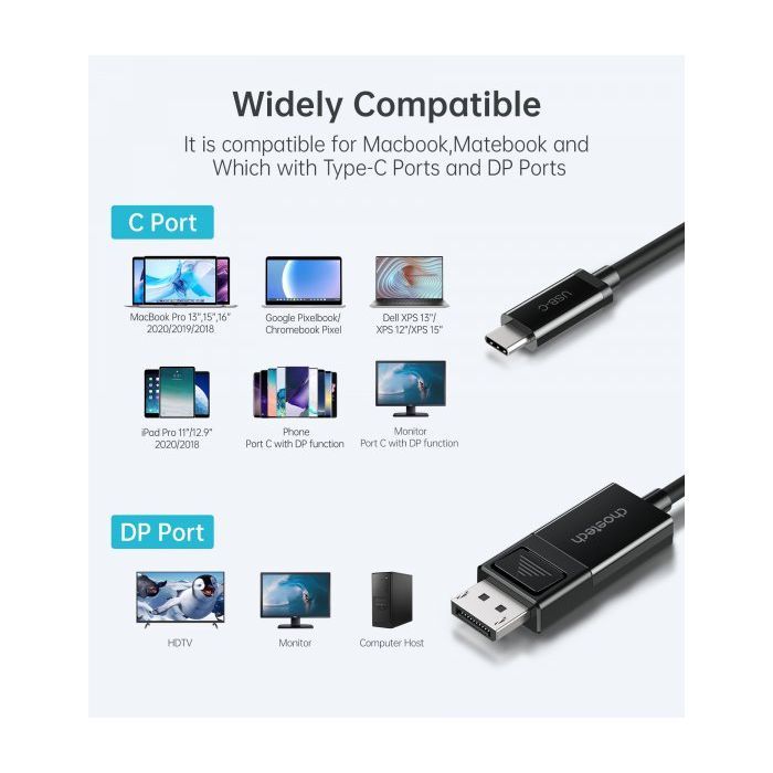 Кабель мультимедийный USB-C to DisplayPort 1.8m 8K 30Hz Choetech (XCP-1803-BK) изображение 3