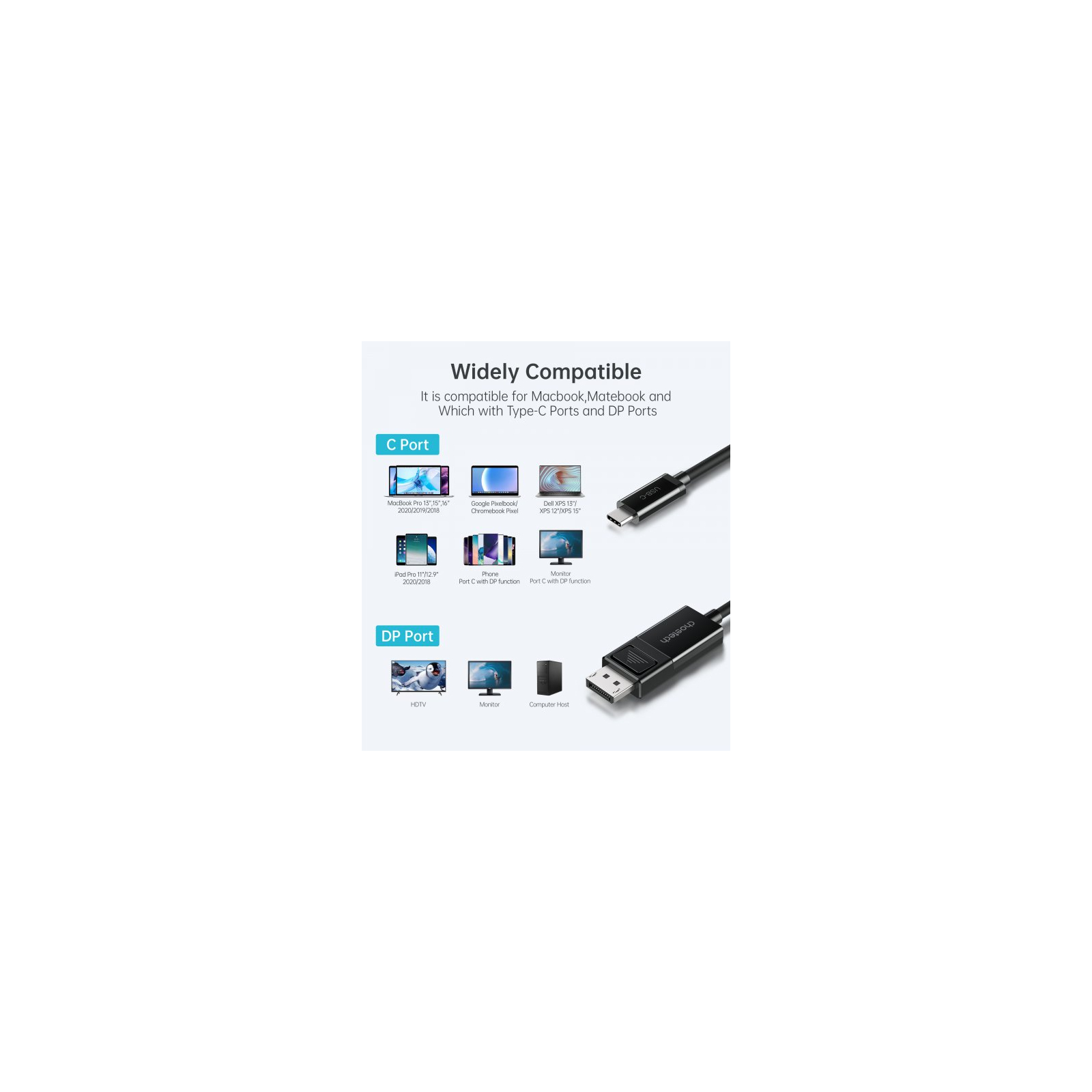 Кабель мультимедійний USB-C to DisplayPort 1.8m 8K 30Hz Choetech (XCP-1803-BK) зображення 3