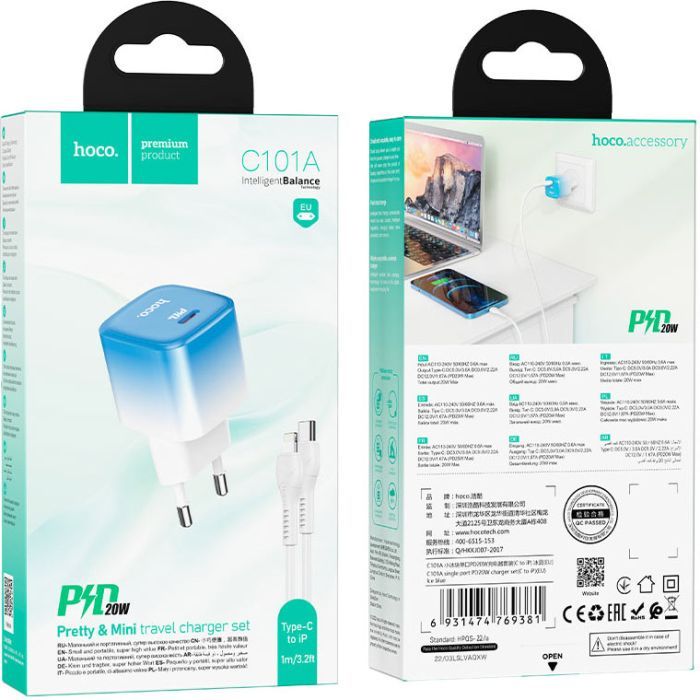 Зарядний пристрій HOCO C101A USB-C PD20W + cable USB-C to Lightning Ice Blue (6931474769381) зображення 11