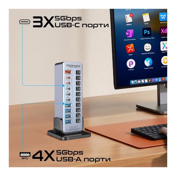 Концентратор Promate USB-C 14-in-1 Promate gegatower-60w (gegatower-60w) изображение 2