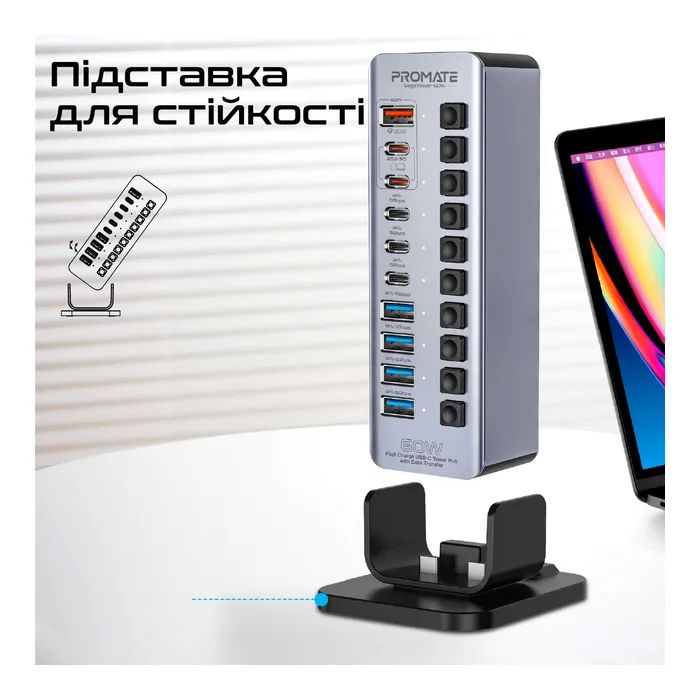 Концентратор Promate USB-C 14-in-1 Promate gegatower-60w (gegatower-60w) изображение 7