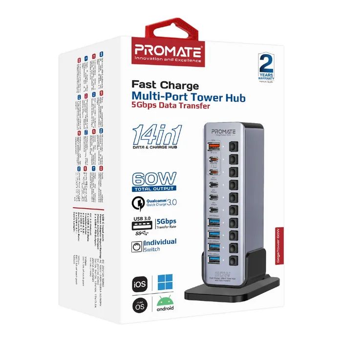 Концентратор Promate USB-C 14-in-1 Promate gegatower-60w (gegatower-60w) изображение 9