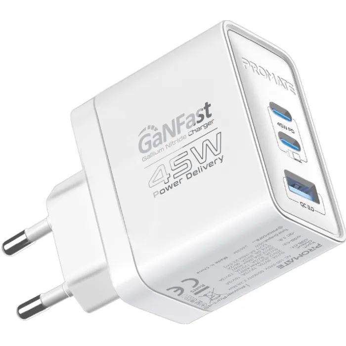 Зарядное устройство Promate powerport-45 2xUSB-C PD + USB-A QC 45W White (powerport-45.white)