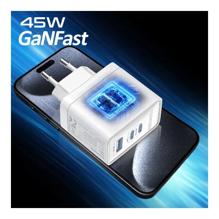 Зарядное устройство Promate powerport-45 2xUSB-C PD + USB-A QC 45W White (powerport-45.white) изображение 2