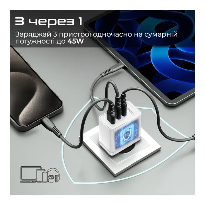 Зарядное устройство Promate powerport-45 2xUSB-C PD + USB-A QC 45W White (powerport-45.white) изображение 3