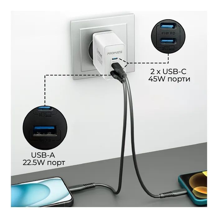 Зарядное устройство Promate powerport-45 2xUSB-C PD + USB-A QC 45W White (powerport-45.white) изображение 4