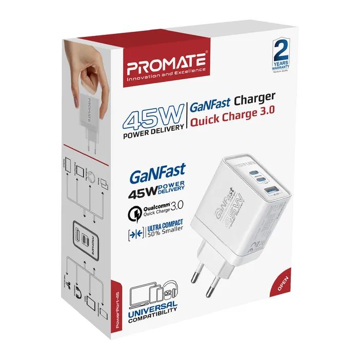 Зарядное устройство Promate powerport-45 2xUSB-C PD + USB-A QC 45W White (powerport-45.white) изображение 6