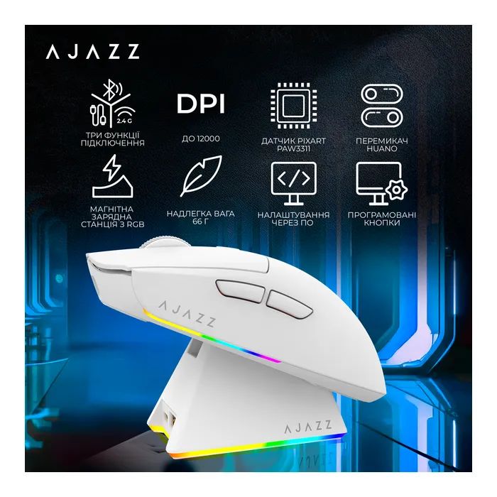 Мишка Ajazz AJ139 V2 MC Wireless/Bluetooth/USB White (AJ139-V2-MC-W) зображення 12