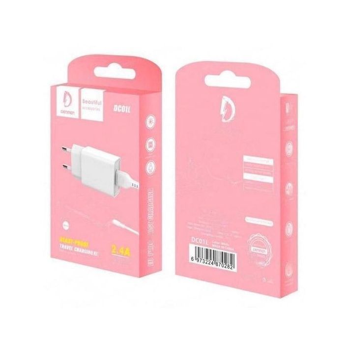 Зарядное устройство Denmen 1xUSB 2.4A + cable USB to Lightning white (DC01L-WH) изображение 2