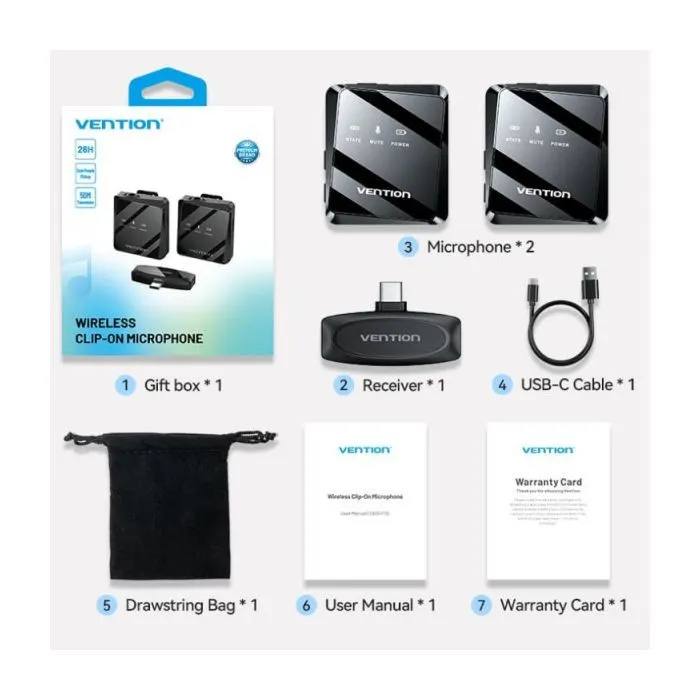 Мікрофон Vention USB-C 2-Pack Wireless Lavalier Black (NCBB0) зображення 4