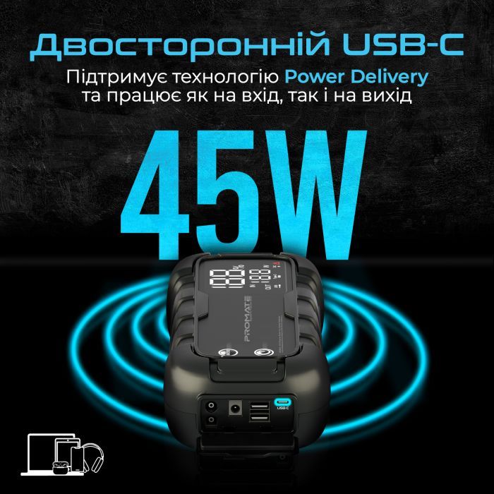 Пуско зарядное устройство Promate 20000mAh PD/45W, QC3.0, 2000A, Flashlight (sparktank-20) изображение 6