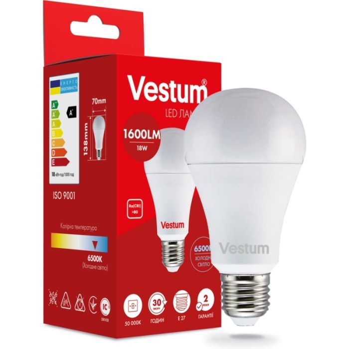 Лампочка Vestum A70 18W 6500K 220V E27 (1-VS-1113) изображение 2
