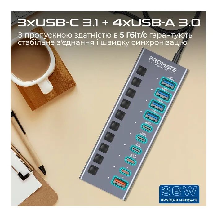 Концентратор Promate USB-C 10-in-1 5xUSB-C + 5xUSB gray (gegahub-5g) изображение 2