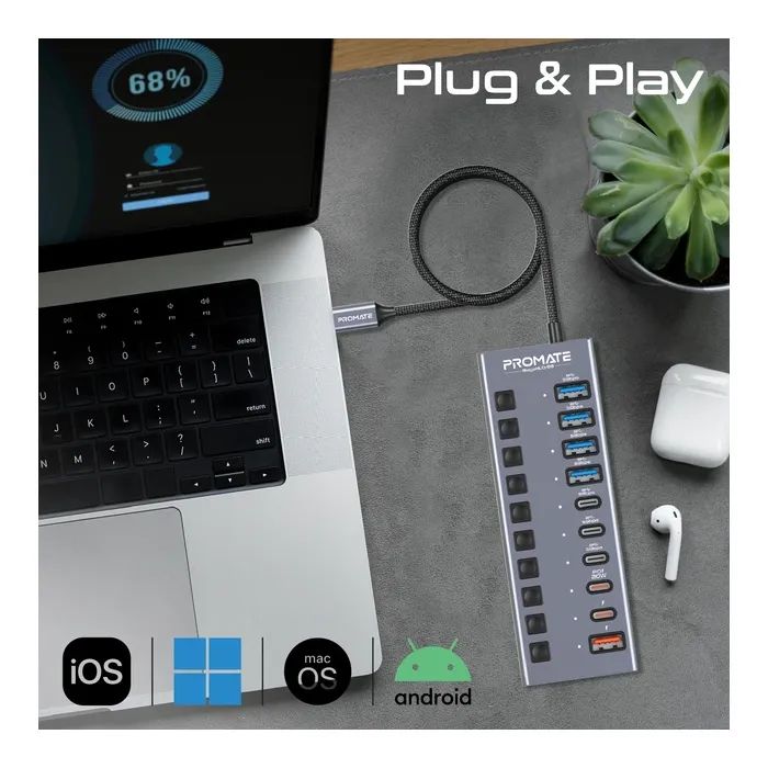 Концентратор Promate USB-C 10-in-1 5xUSB-C + 5xUSB gray (gegahub-5g) изображение 5