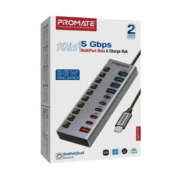 Концентратор Promate USB-C 10-in-1 5xUSB-C + 5xUSB gray (gegahub-5g) изображение 6