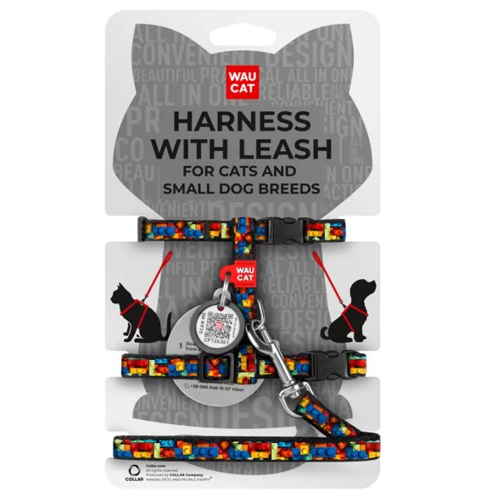 Шлея для котів Waucat Nylon з QR паспортом "Блоки" пластиковий фастекс (329-4056)