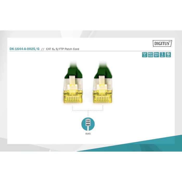 Патч-корд 0.25м, SFTP, cat.6A, AWG 26/7, Cu, LSZH, green Digitus (DK-1644-A-0025/G) изображение 2
