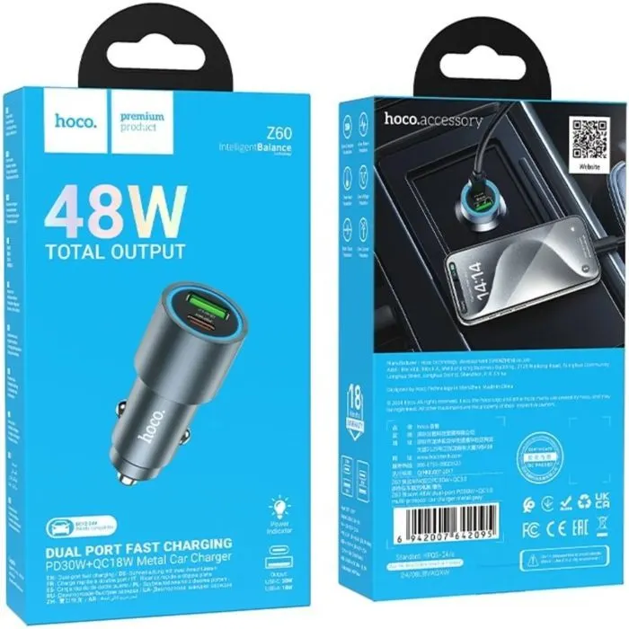 Зарядное устройство HOCO 1xUSB-C PD30W + 1xUSB QC3.0 48W car adapter Z60 gray (6942007642095) изображение 7