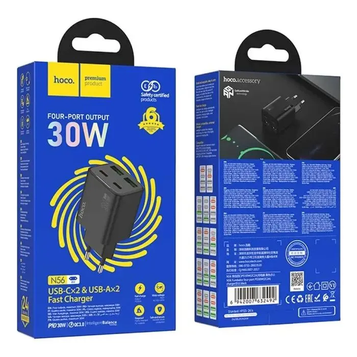 Зарядное устройство HOCO N56 2xUSB-C PD30W + 2xUSB black (6942007632492) изображение 4