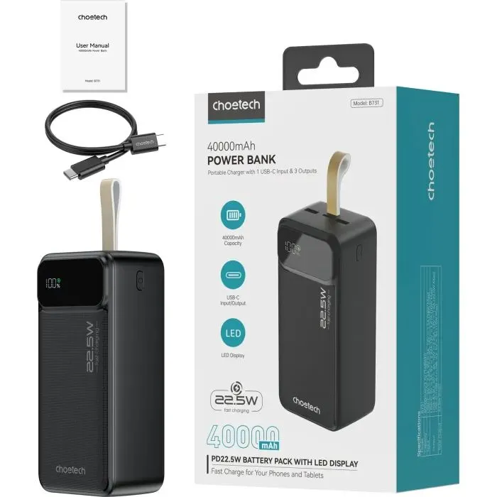 Батарея универсальная Choetech 40000mAh, 22.5W, PD, QC/3.0, Black (B731-ACBK) изображение 3