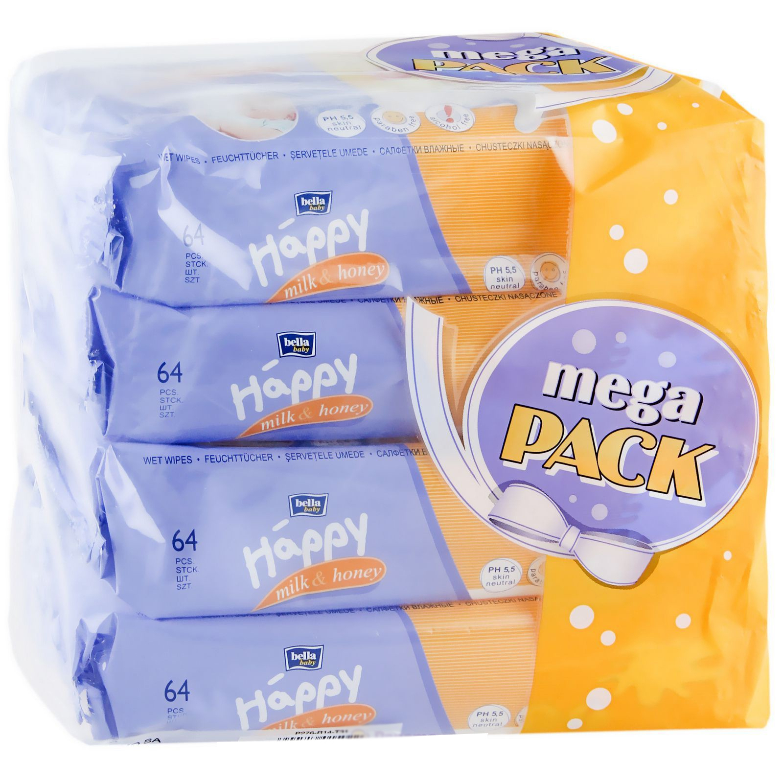 Детские влажные салфетки Bella Baby Happy Milk & Honey Mega Pack 4 х 64 шт (5900516015022)