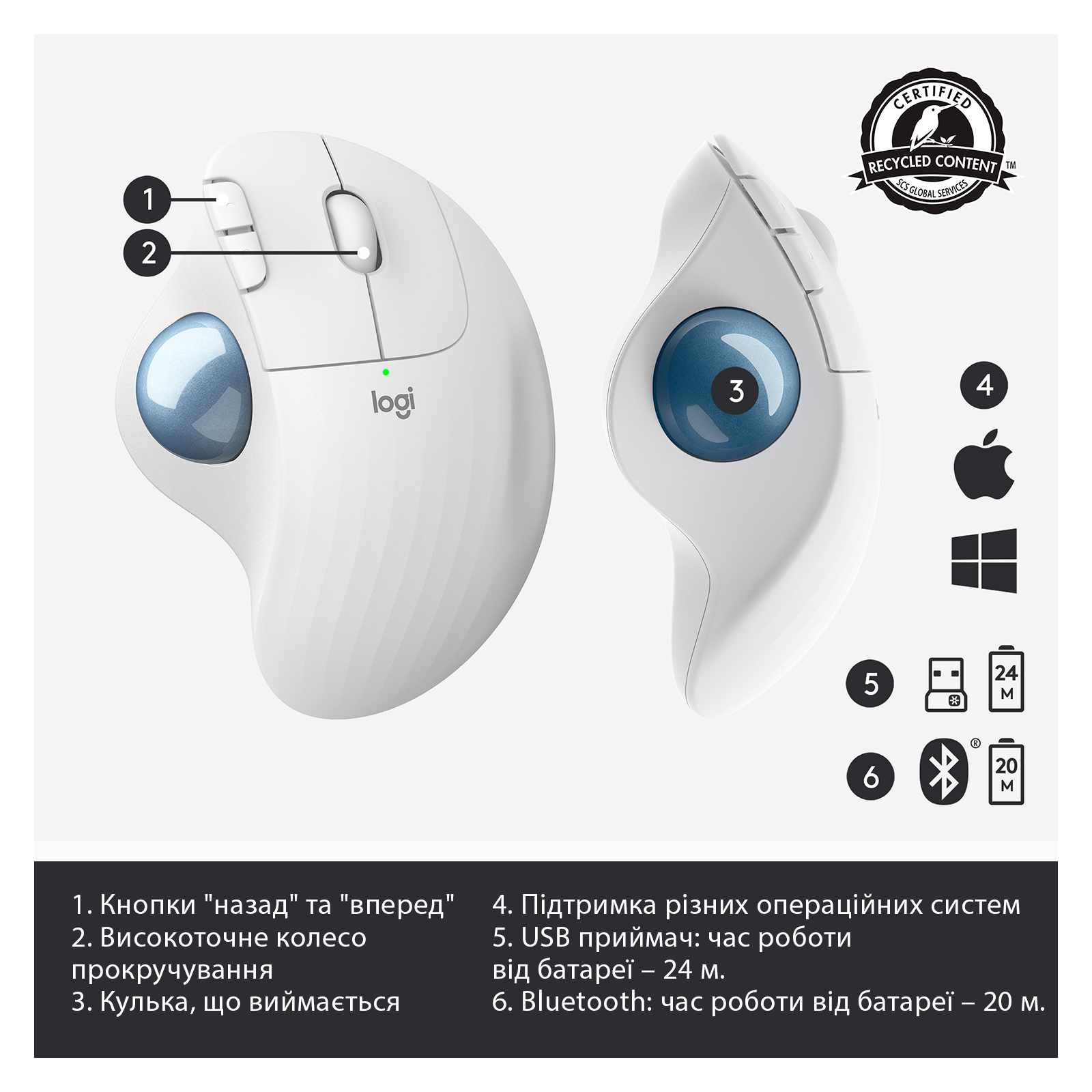 Мышка Logitech Ergo M575 Wireless Trackball Off-white (910-005870) изображение 6