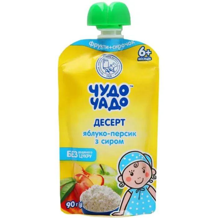 Детское пюре Чудо-Чадо яблочно-персиковый с творогом 6 м+, 90 г (4820016254220)
